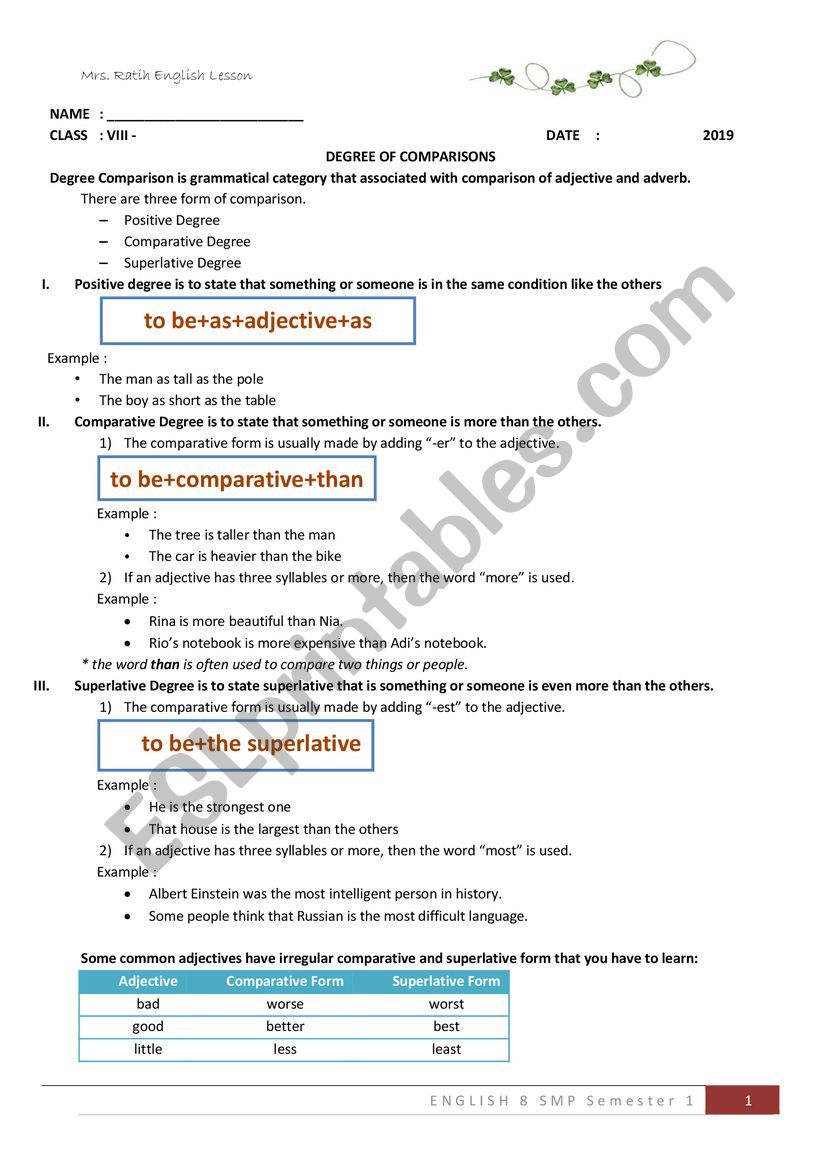 Degree Comparison worksheet