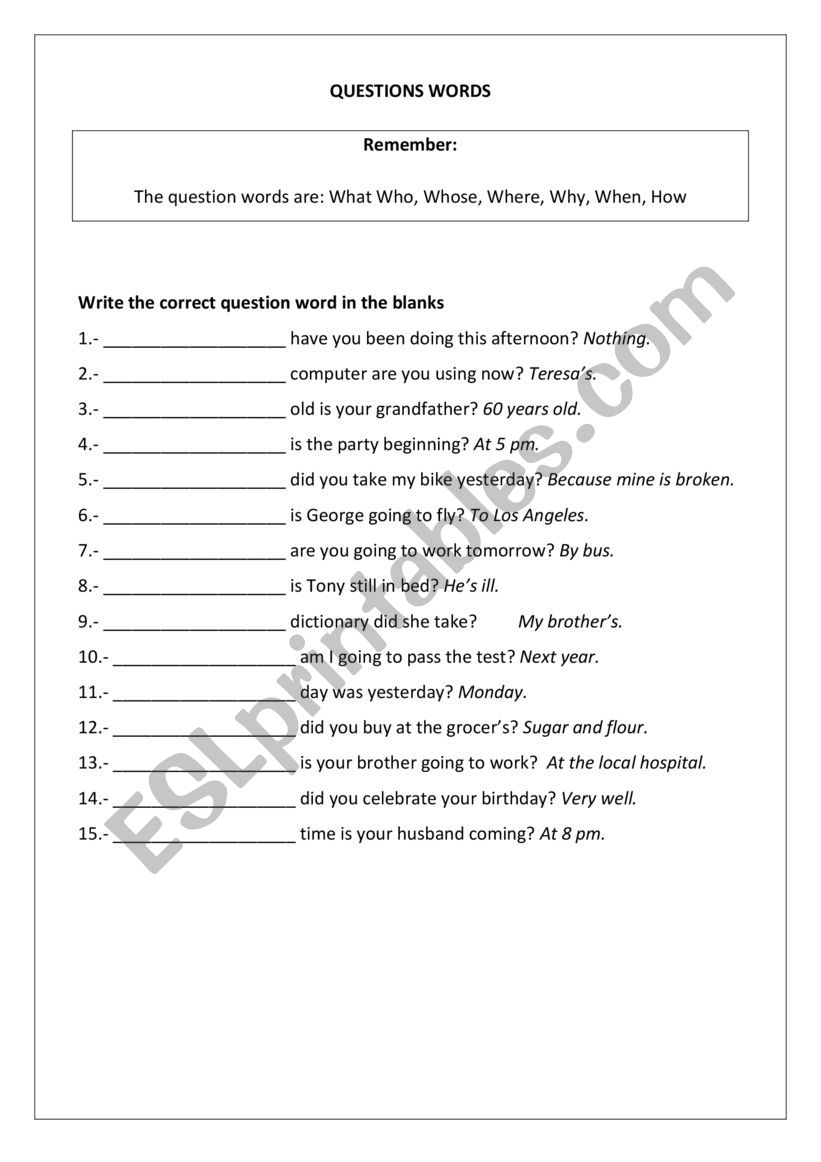 Questions words worksheet