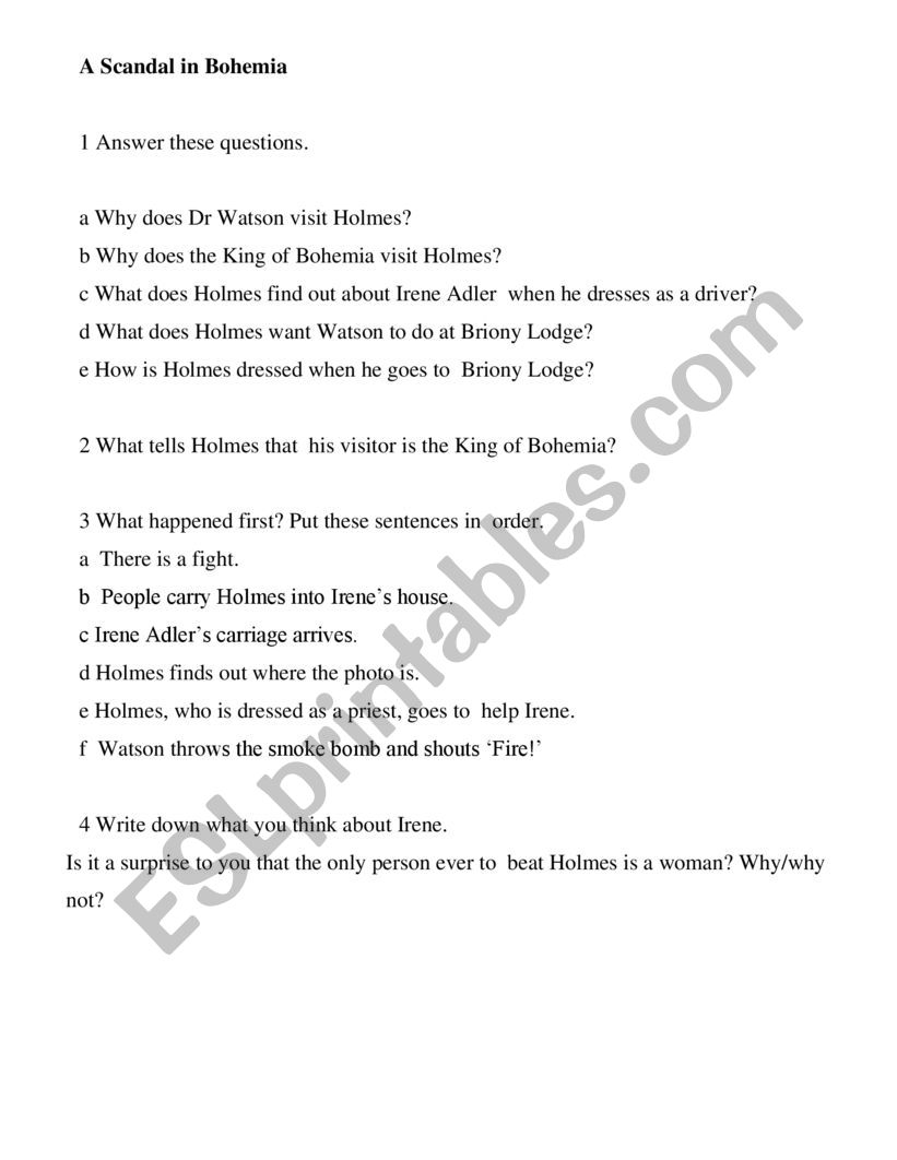 Scandal in Bohemia worksheet