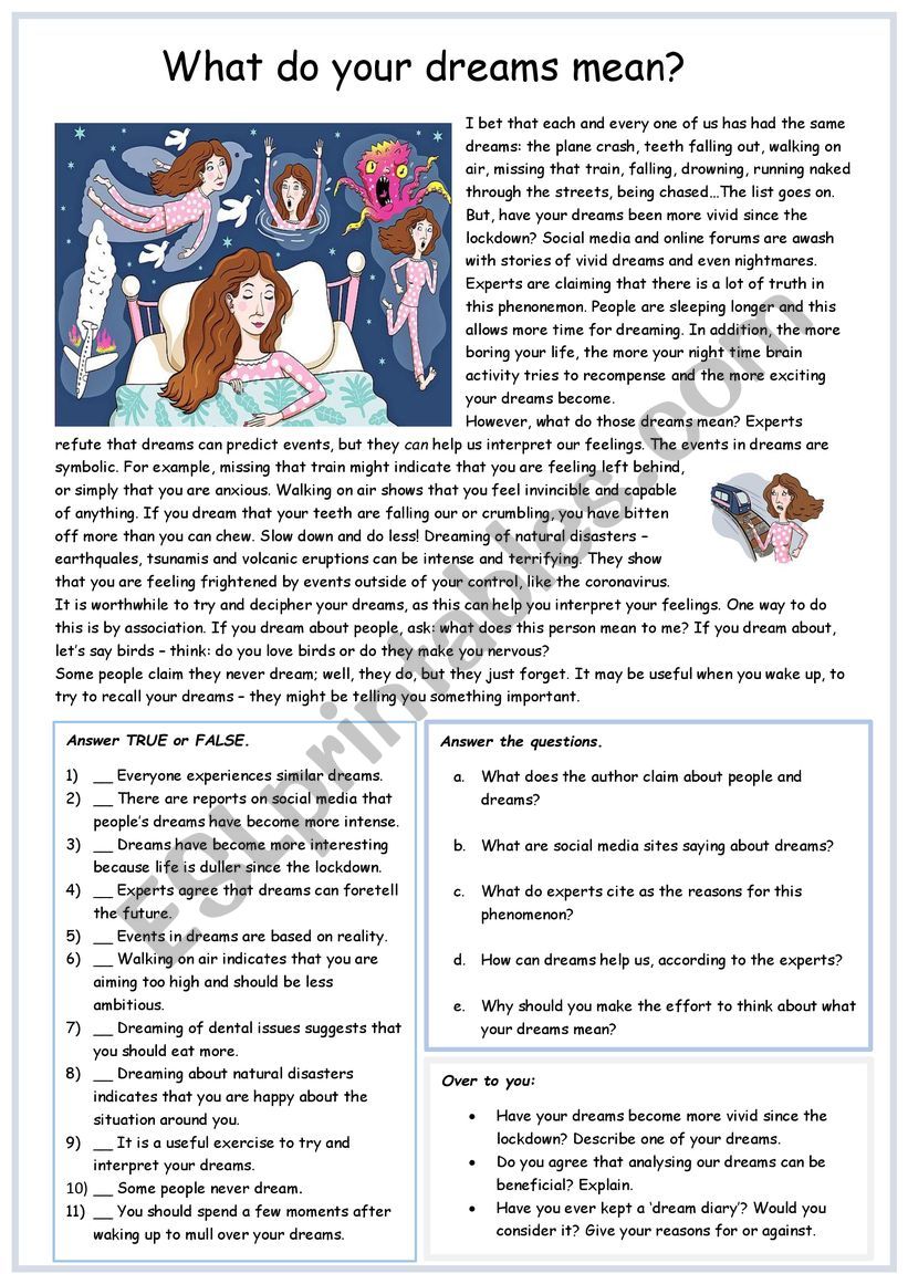 What do your dreams mean?  worksheet