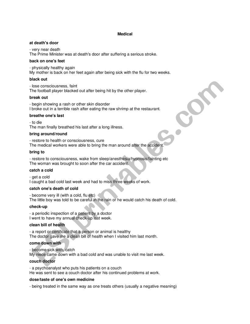 MEDICAL IDIOMS worksheet