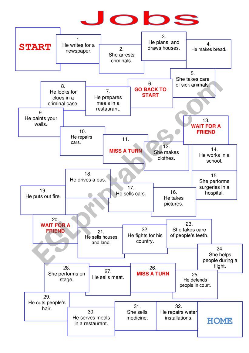 Board game - Jobs worksheet