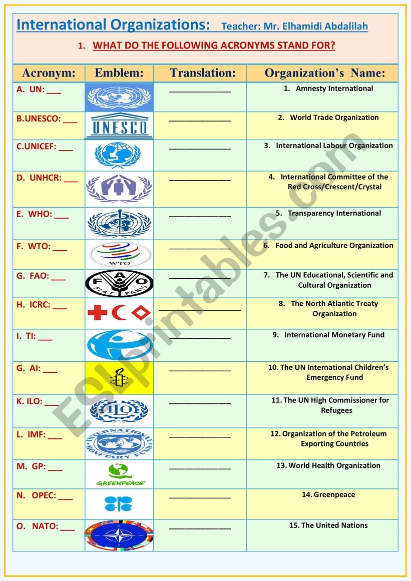 INTERNATIONAL ORGANIZATIONS worksheet