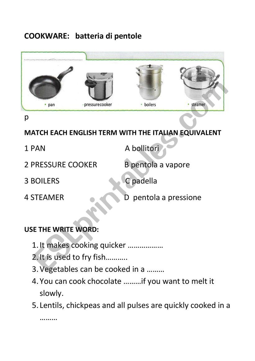 cookware worksheet