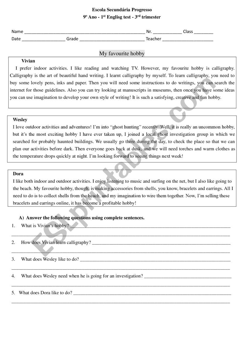 written exercise worksheet