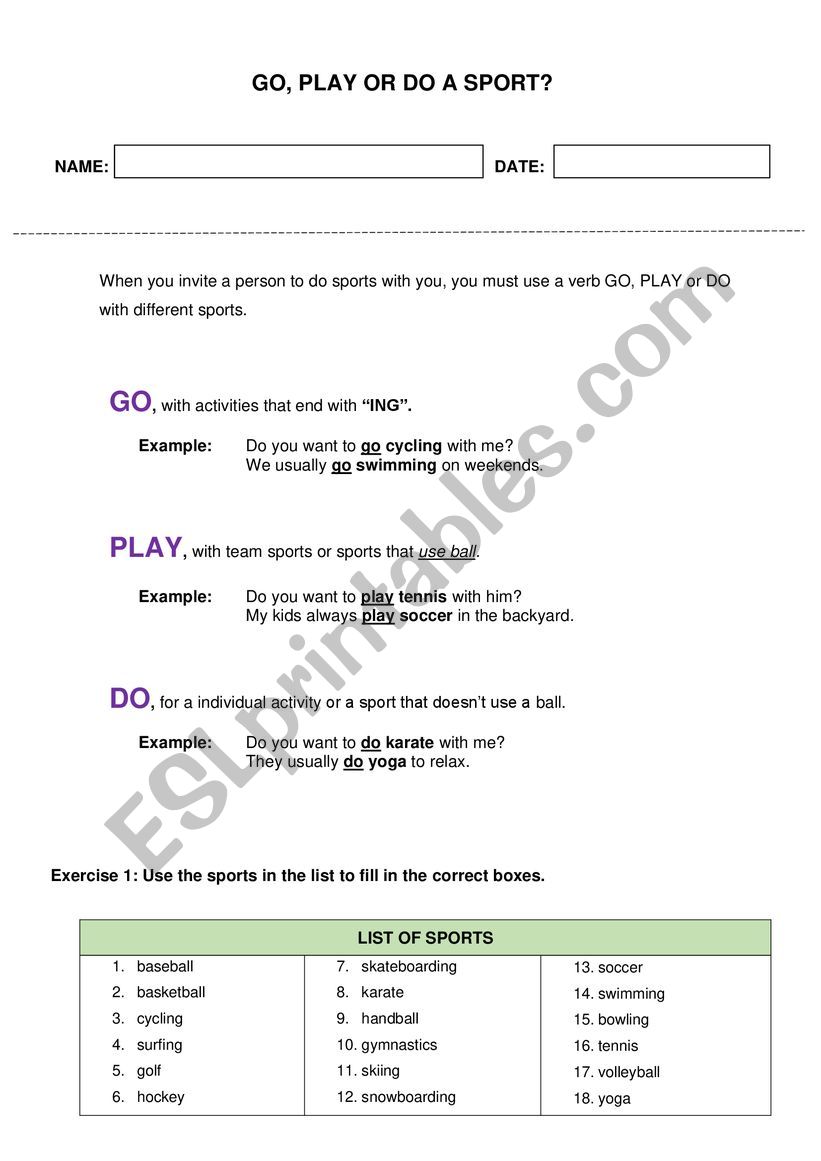 Go, play or do a sport worksheet