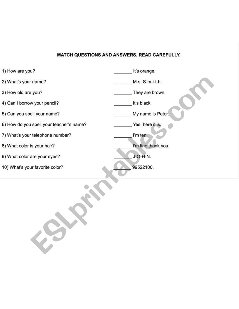 Match Questions and Answers worksheet