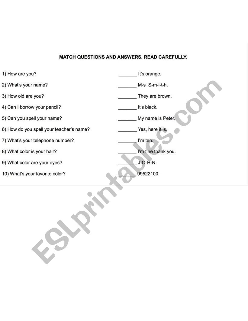 Match Questions and Answers worksheet