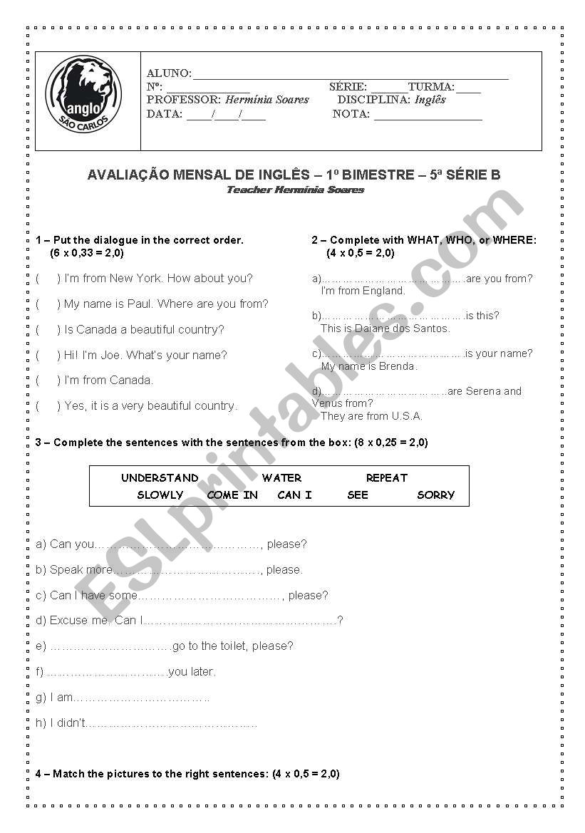 English test 5th grade worksheet