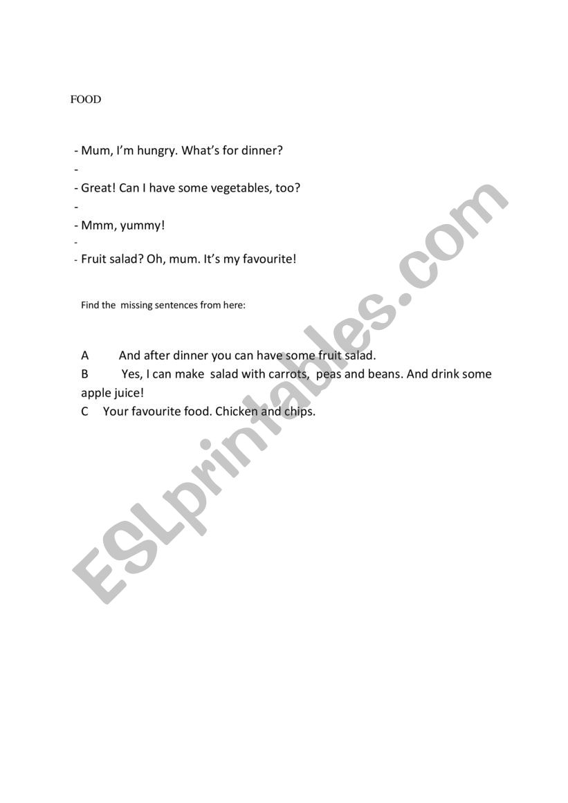 Food for dinner worksheet