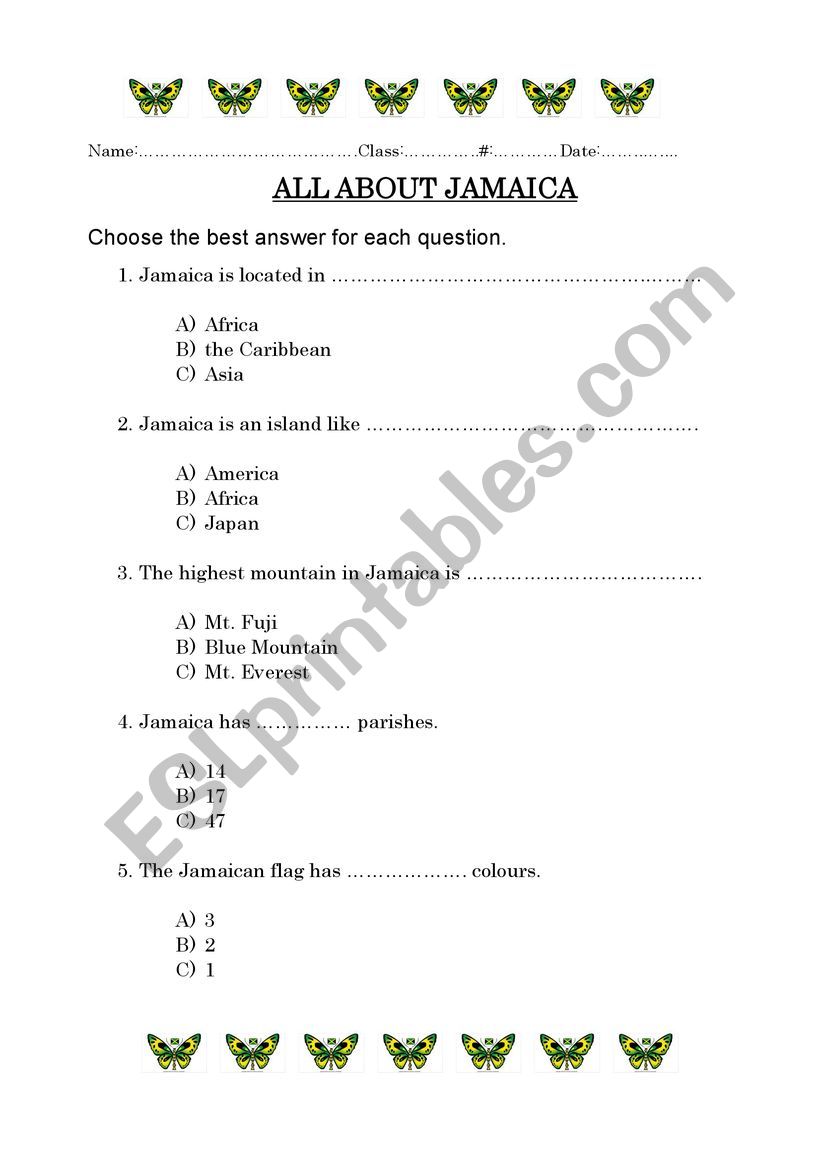 jamaica esl worksheet