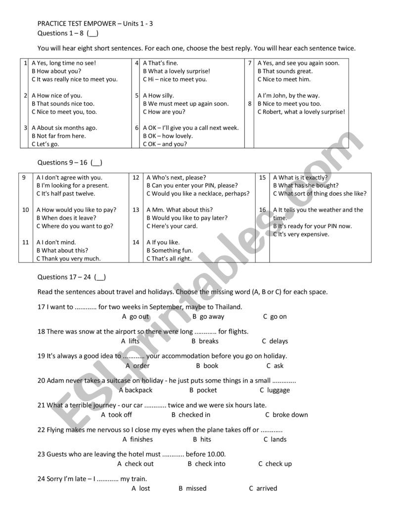 Test Empower B1 Unit 1 to 3 worksheet