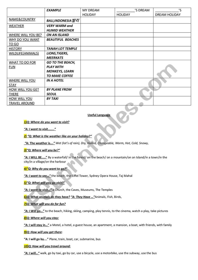 Dream Holiday worksheet