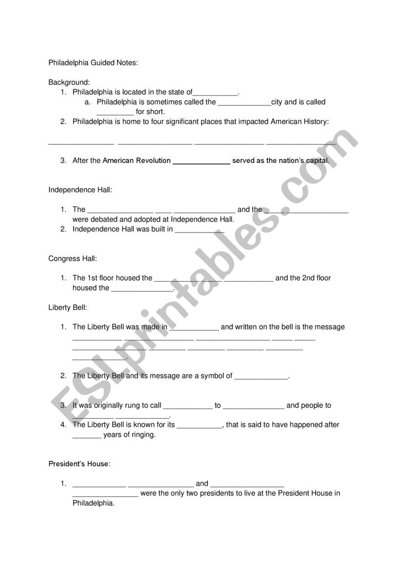 Philadelphia Guided Notes  worksheet