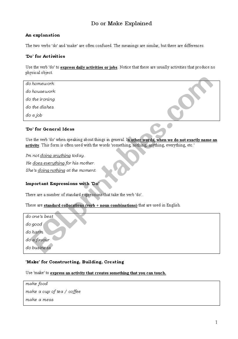 Do or Make Explained worksheet