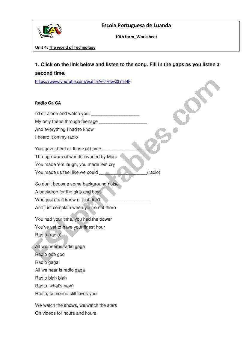 Radio GaGa  worksheet