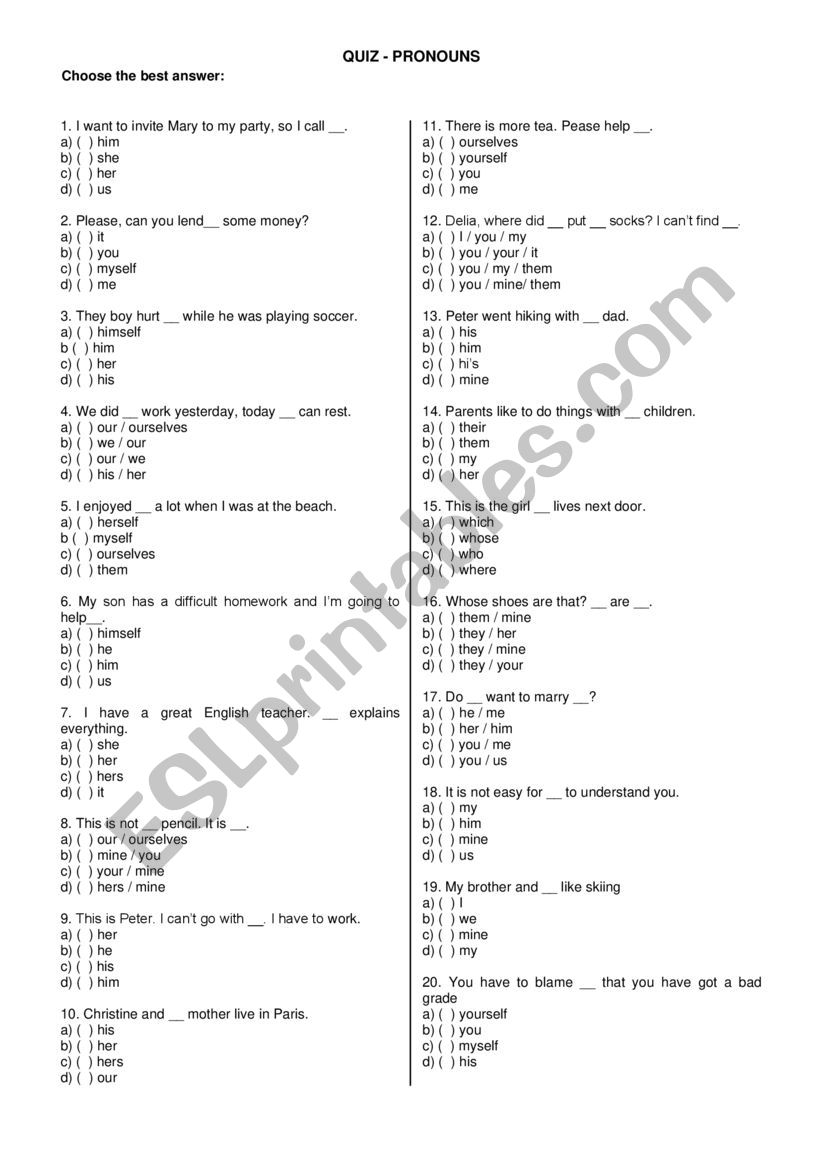 Quiz - Pronouns worksheet