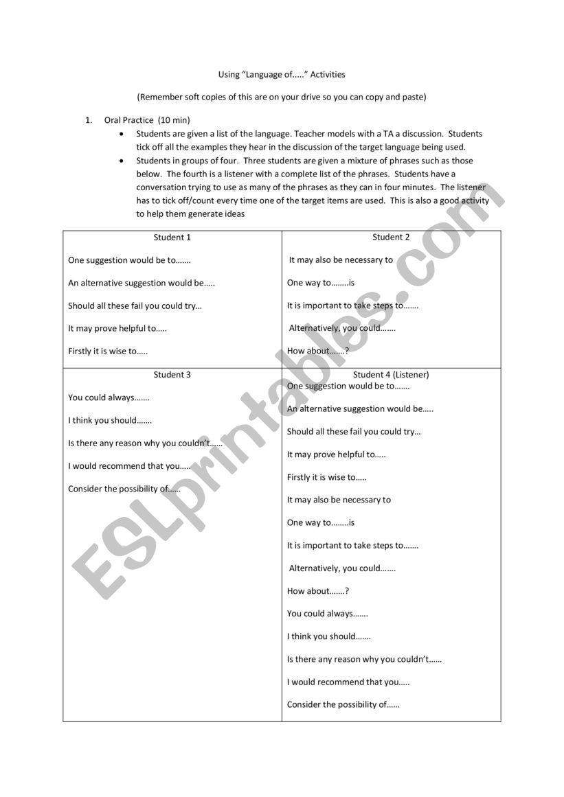 Language of advice worksheet
