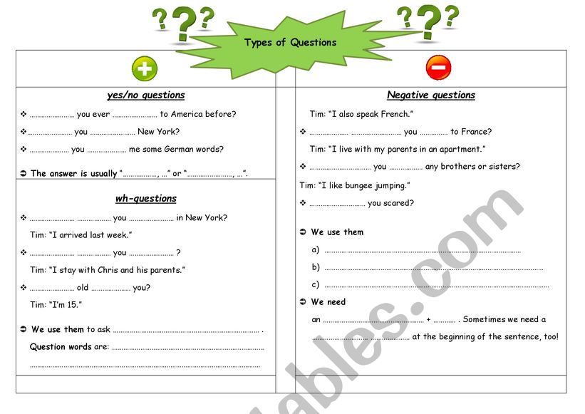 Question types worksheet