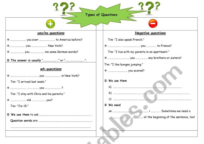 Question types worksheet