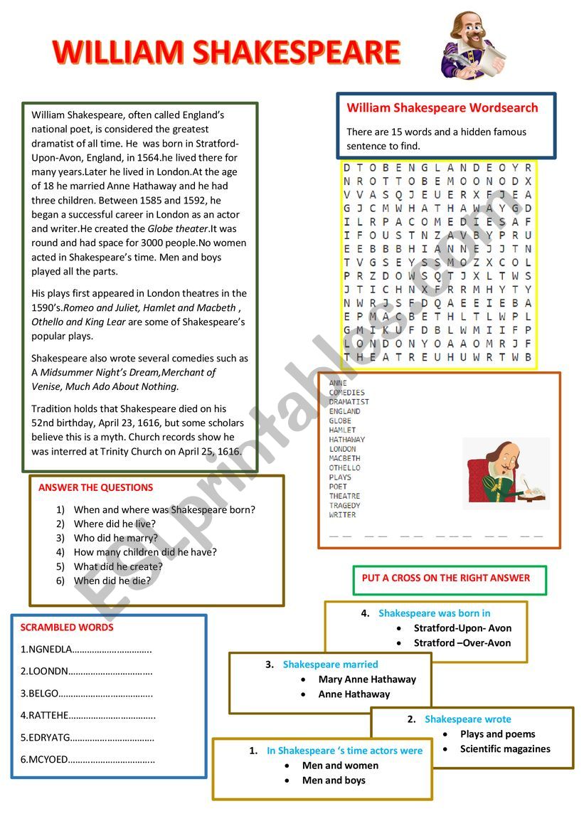 William Shakespeare worksheet