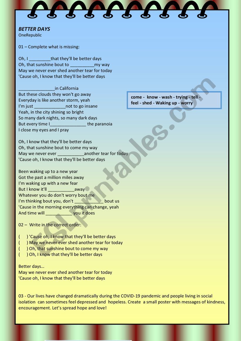 Song activity - Better days worksheet