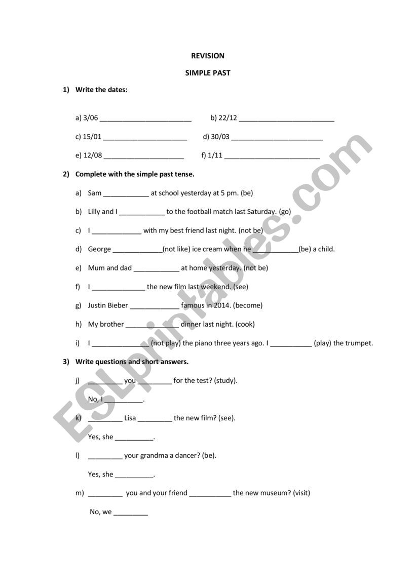Simple Past Revision worksheet