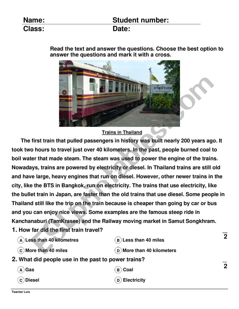 Trains in Thailand worksheet