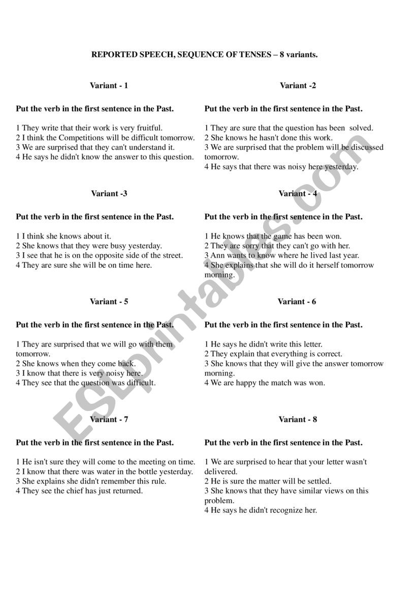 Sequence of tenses exercises worksheet