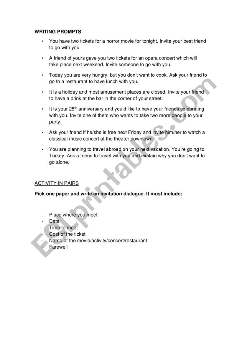 invitations worksheet