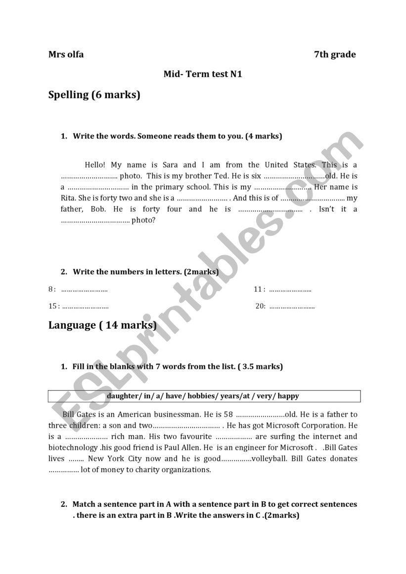 mid term test n 1 for 7th graders