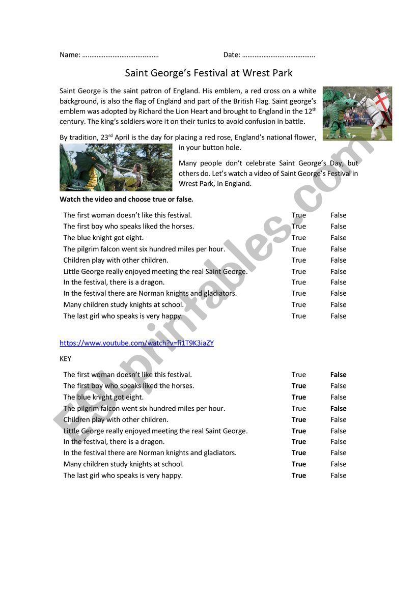 Saint GeorgeÃ¯Â¿Â½s Festival worksheet