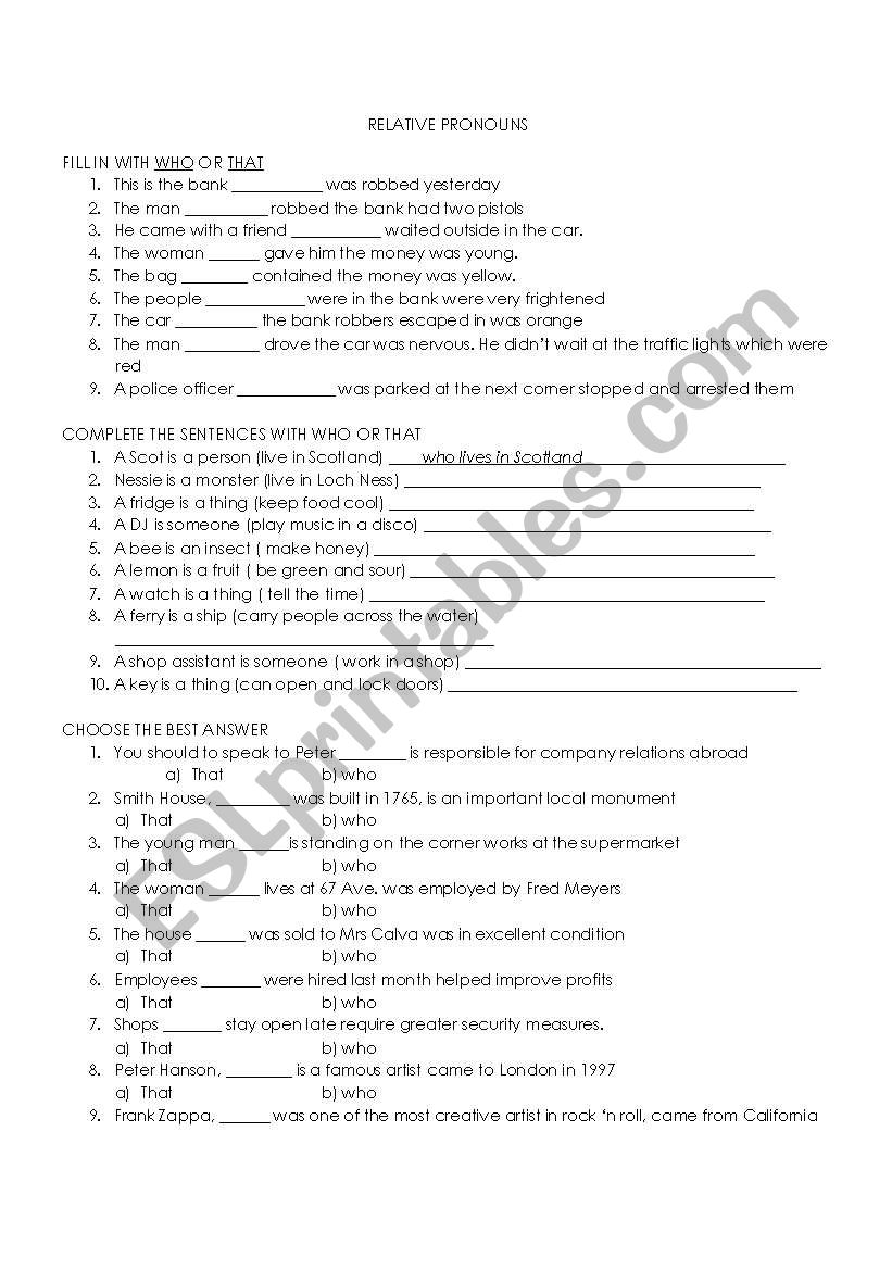 Relative Pronouns worksheet