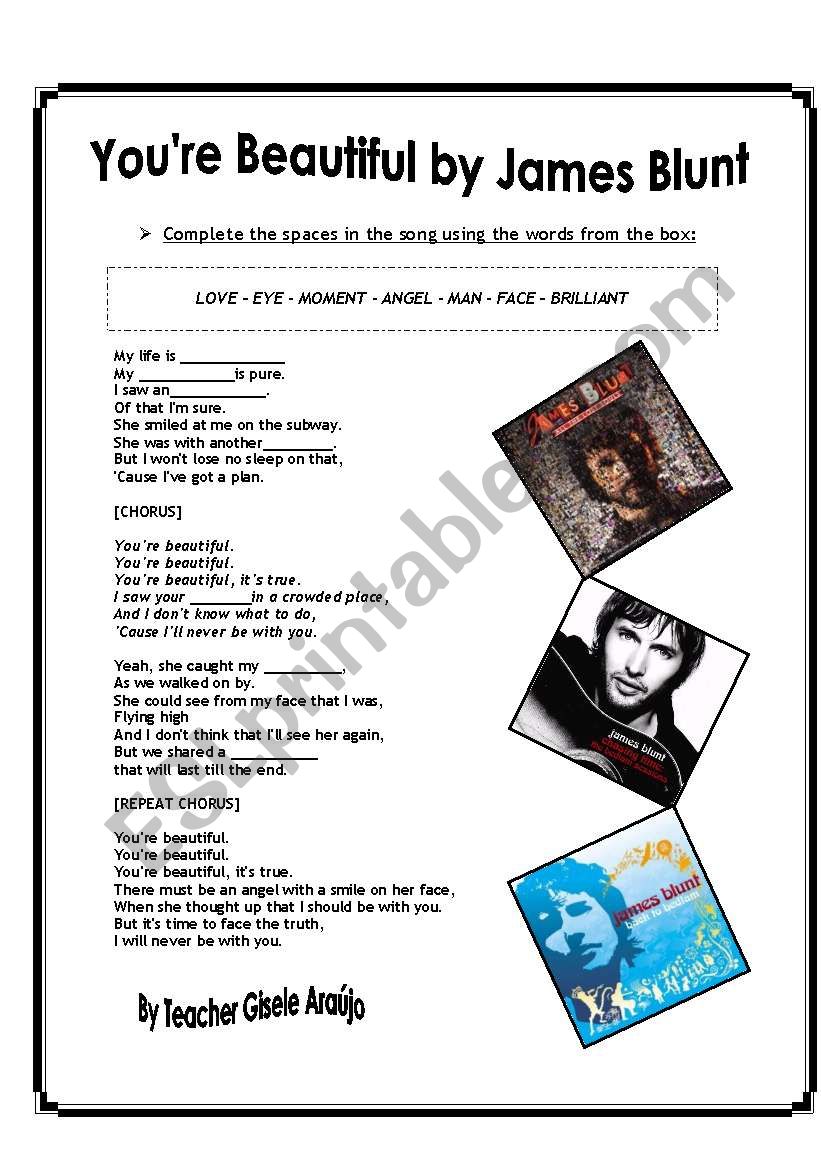 Song You Re Beautiful By James Blunt Esl Worksheet By Teachergisele