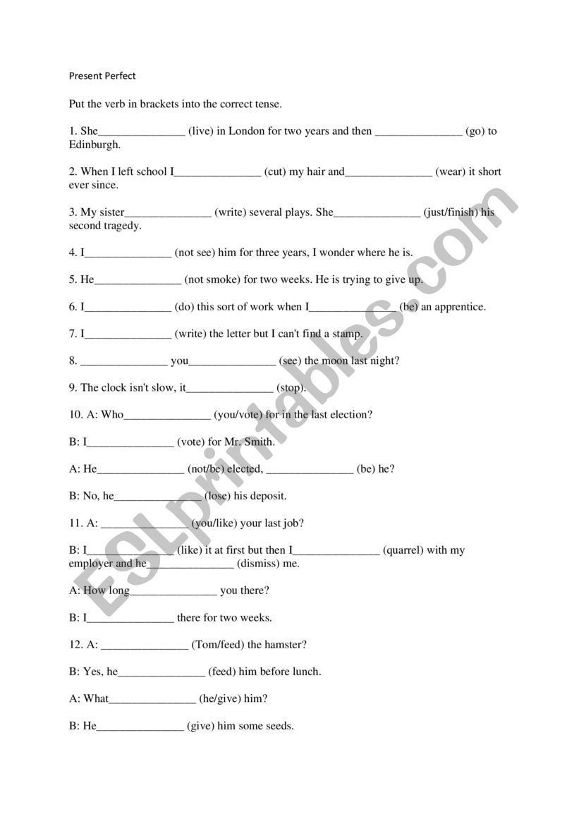 Present Perfect worksheet