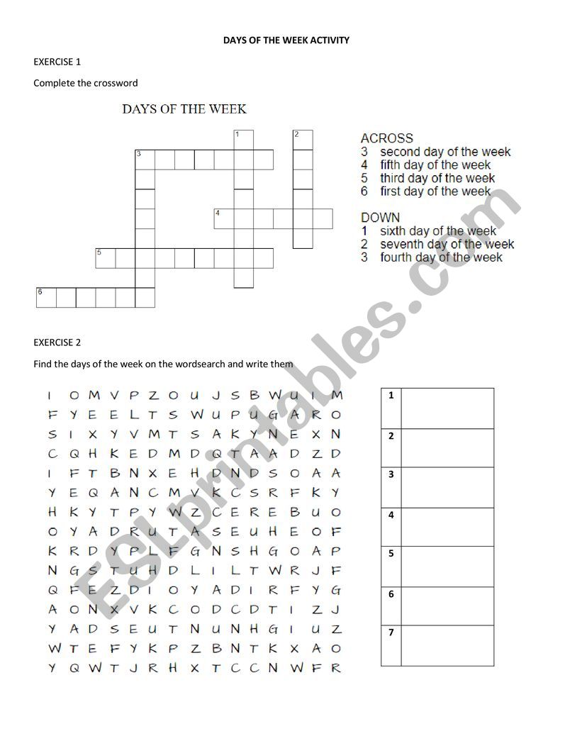 Days of the week worksheet