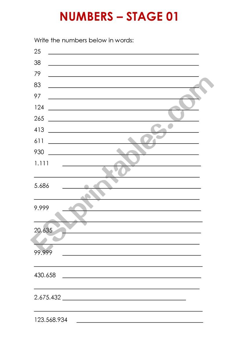 NUMBERS SHEET worksheet