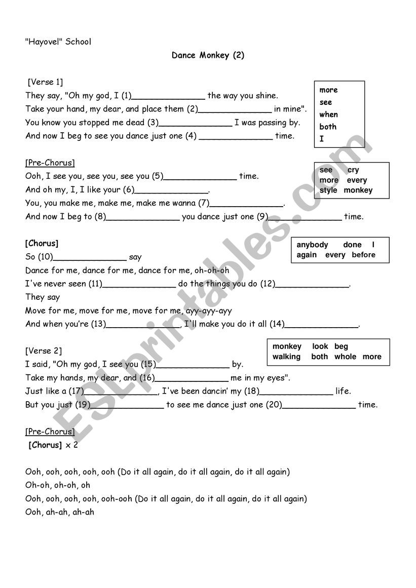 Dance Monkey song worksheet