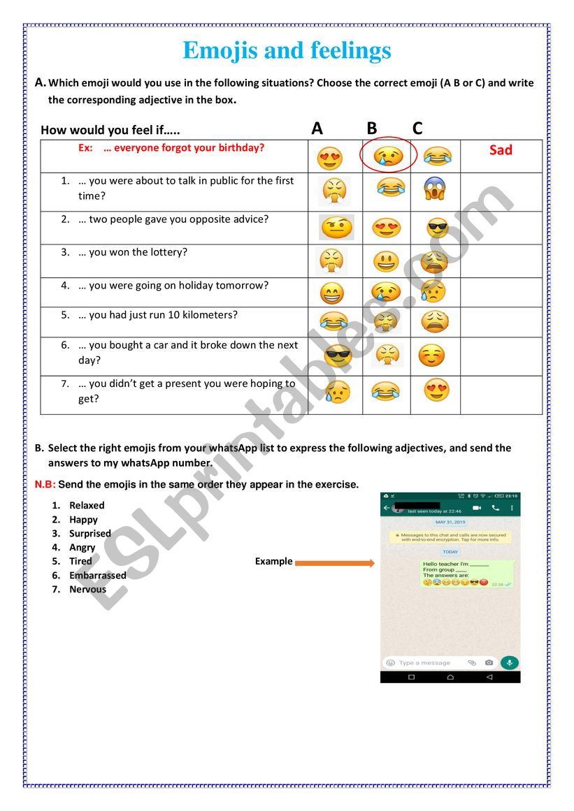 emojis and feelings exercises worksheet