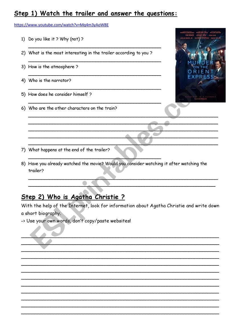 Worksheet - Trailer - Murder on the Orient Express + Agatha Christie