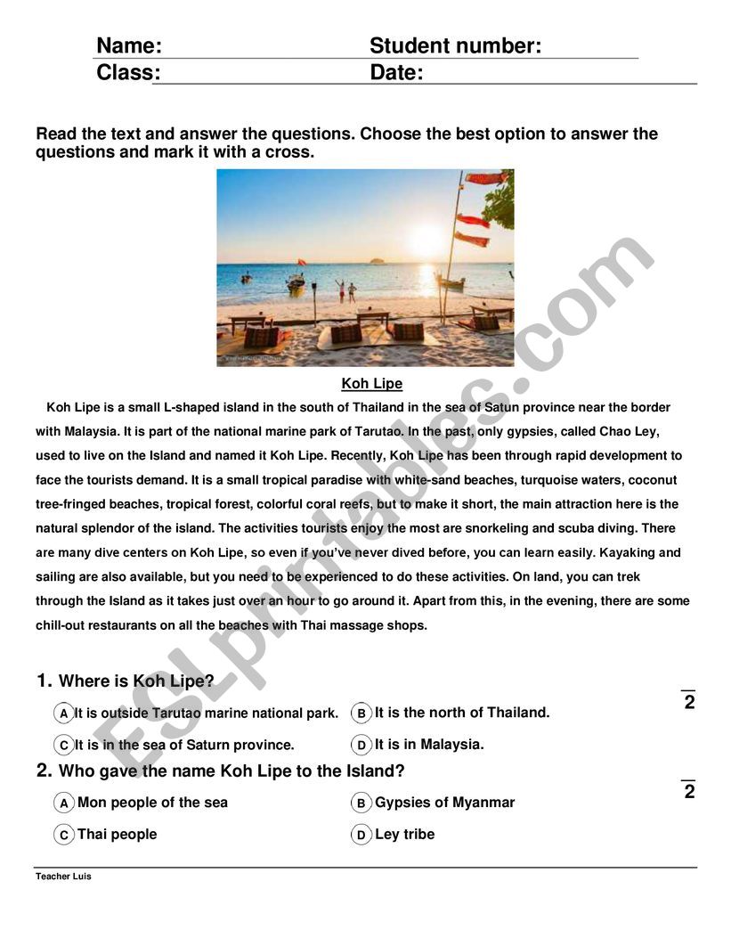 Koh Lipe Thailand worksheet