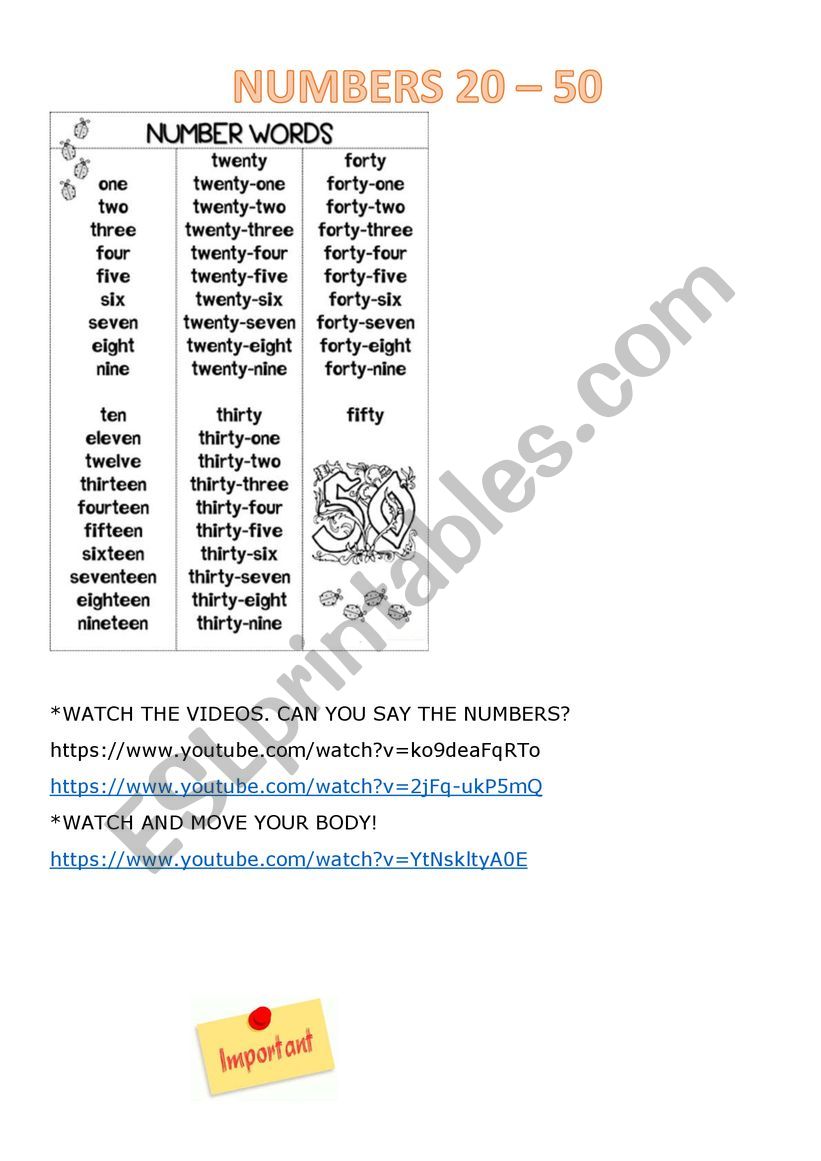 Numbers 20-50 worksheet