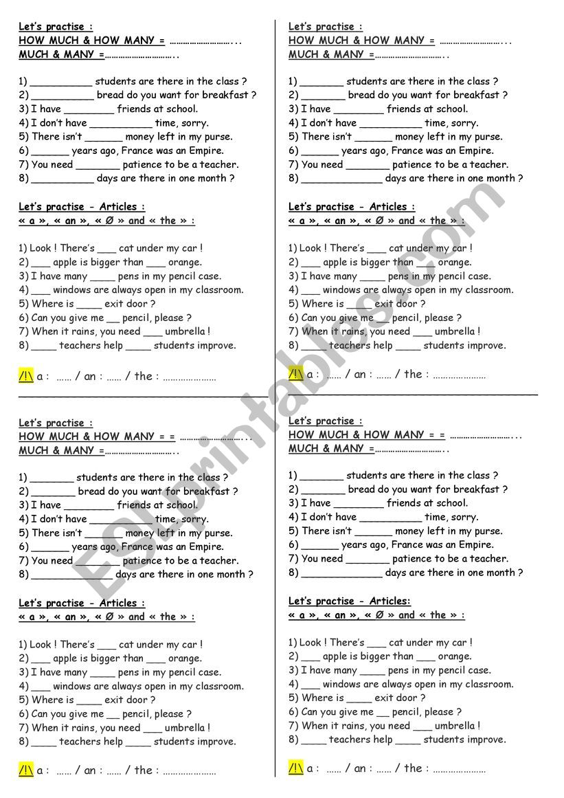 Let us practise - Articles - (how) much & (how) many