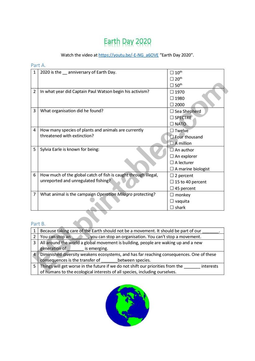 Earth Day 2020 worksheet