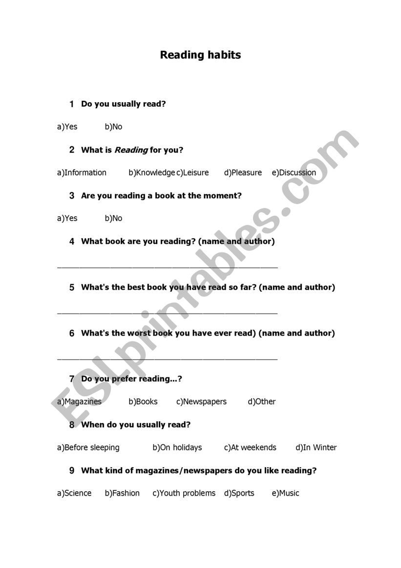 Reading Habits worksheet