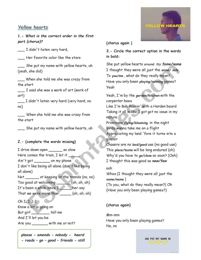 Yellow hearts song  worksheet