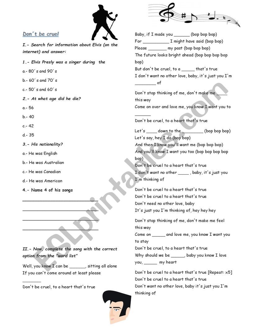 Dont be cruel song  worksheet