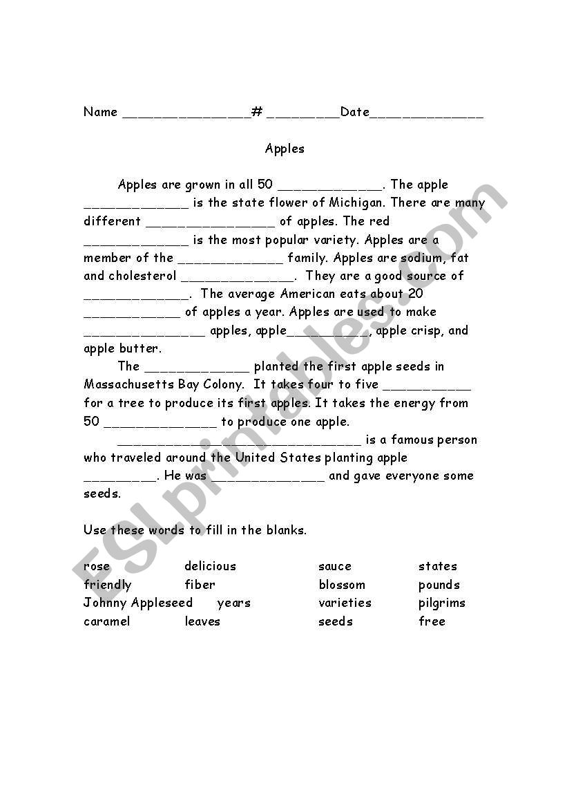 Apples context fill in worksheet