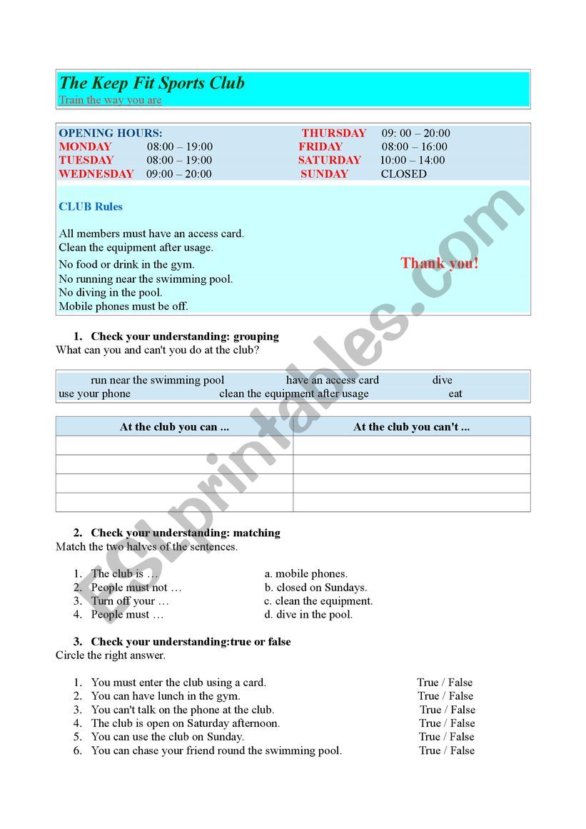 At the sports club worksheet