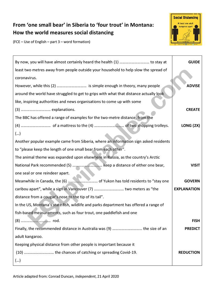 FCE-Social Distancing-word formation (level B2). Answer key included. FCE-Social Distancing-word formation (level B2). Answer key included.